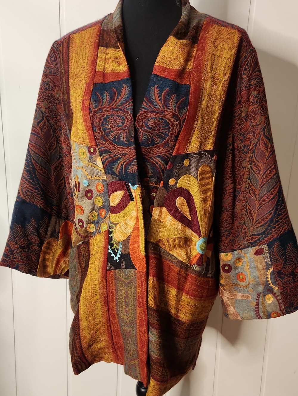Soft Surroundings. Artsy Multi Colors Patchwork Tapestry Toggle Button Jacket